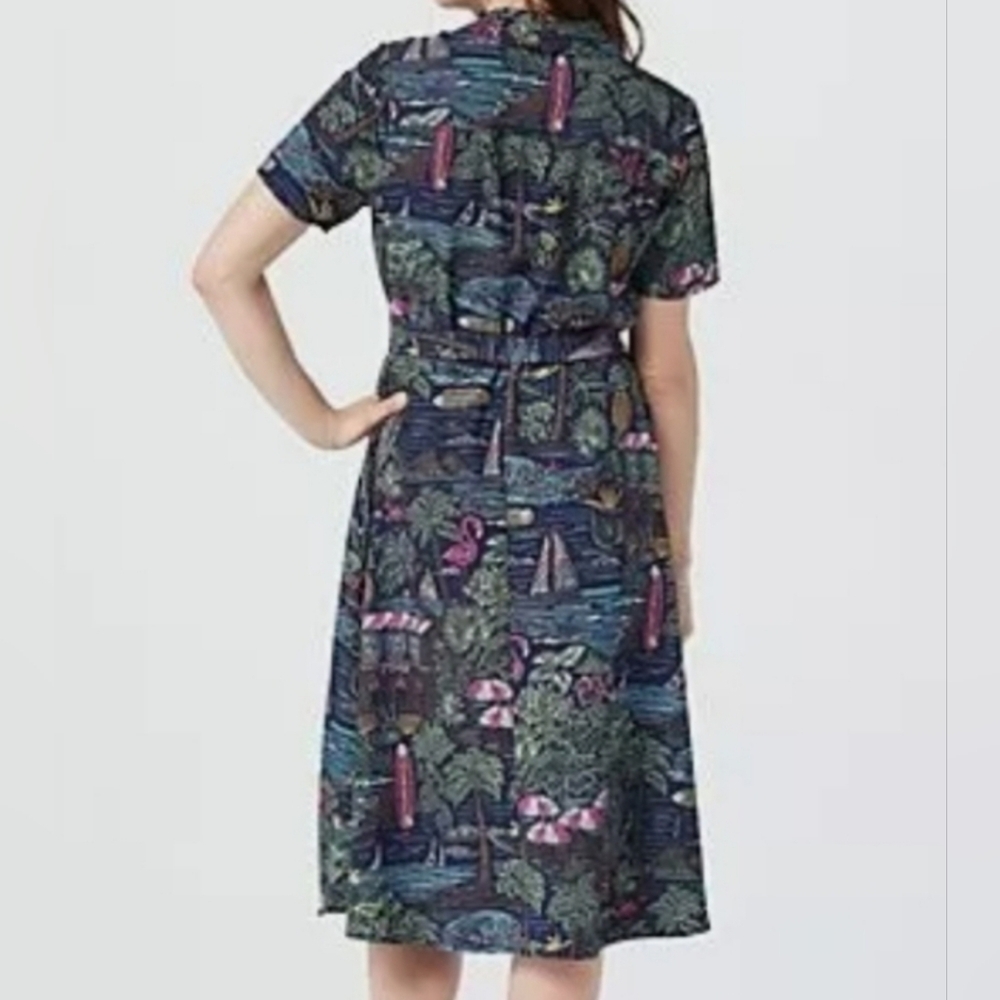 D&Co Denim And Company Tropical Print Midi‎ Tie Belt Shirt Dress Size 1X - Picture 2 of 11